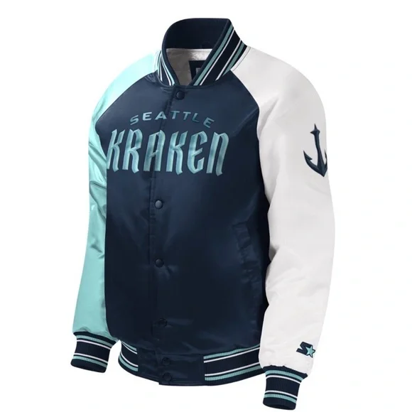 Seattle Kraken Navy Teal White Bomber Jacket - Picture 6 of 7